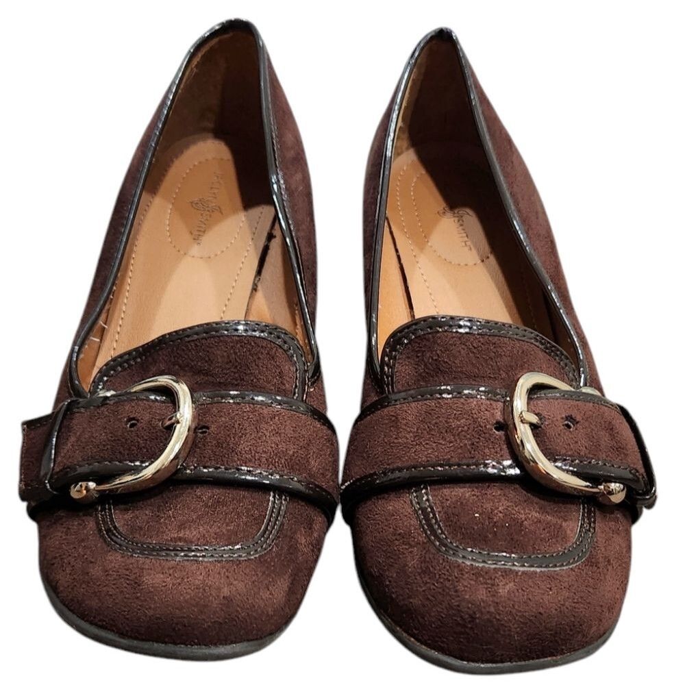 ❤️2/$18 Jaclyn Smith Brown Suede Wedge Heeled Loafer Leather Shoes 7